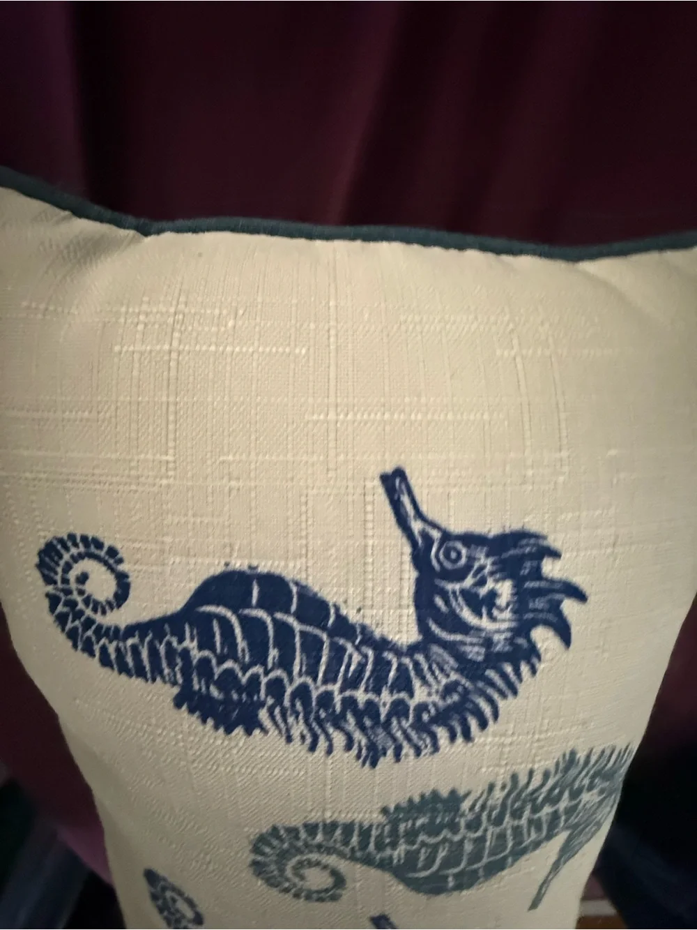 Coastal Seahorse Lumbar Pillow in Navy on Cream 19”x11”